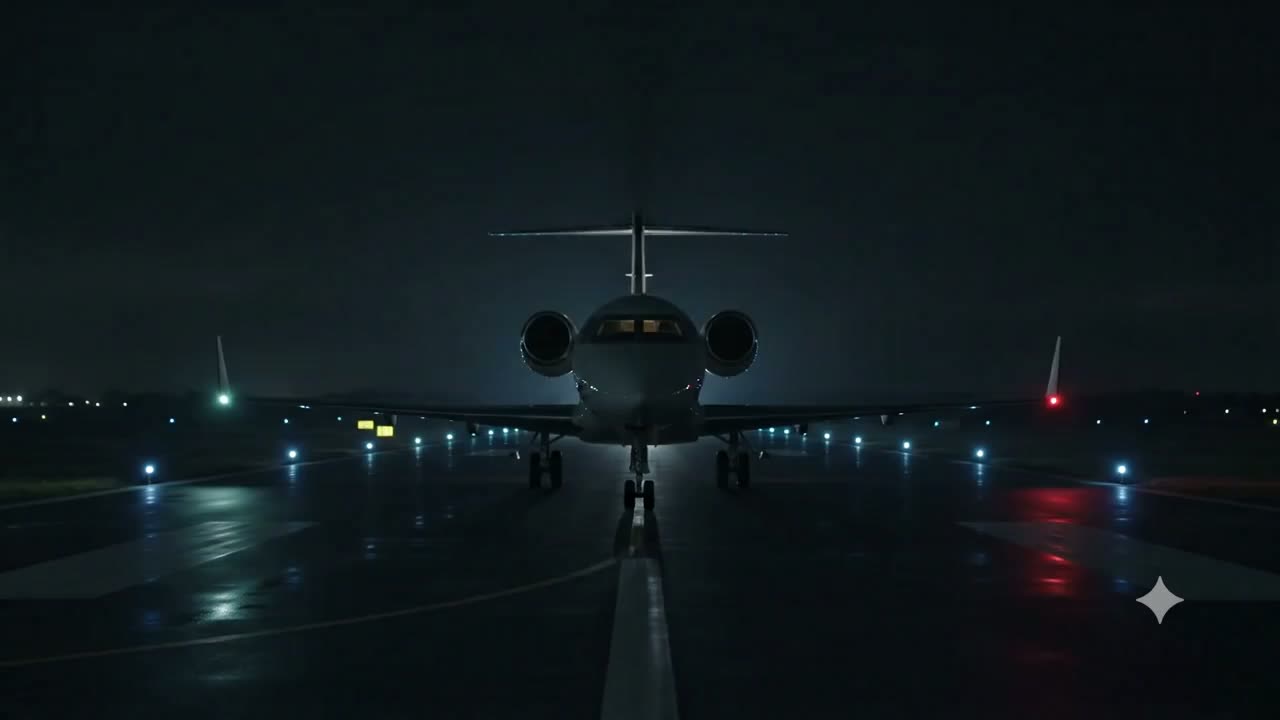 Private jet holding on a lit runway at night before a Jet Lyfestyle charter departure